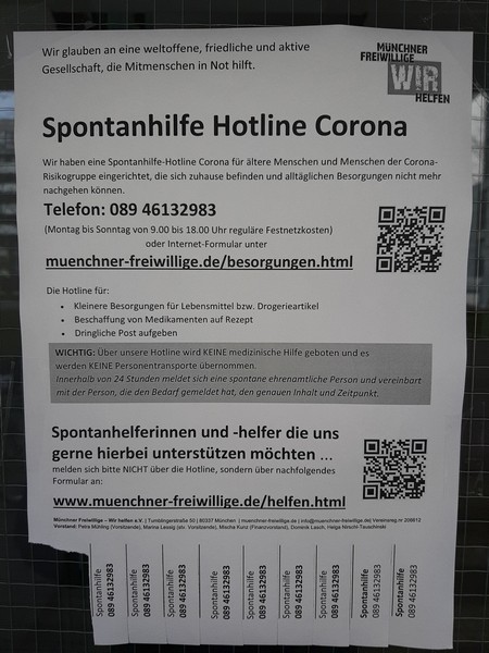 Spontanhilfe Hotline Corona für ältere Menschen in München